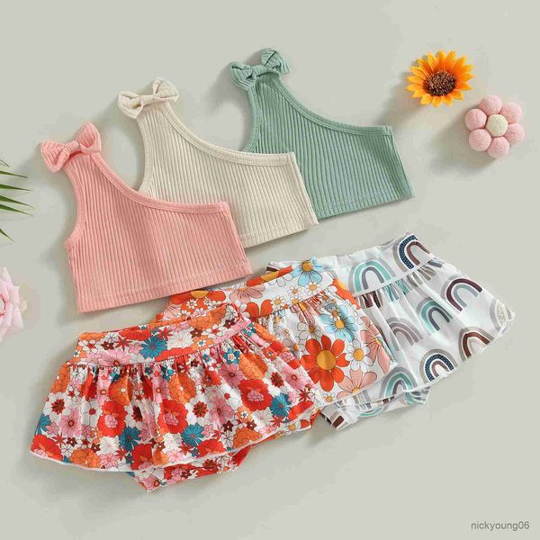 

clothing sets 2pcs baby girls summer clothes shoulder solid tank and rainbow/floral printed skirt shorts set, White