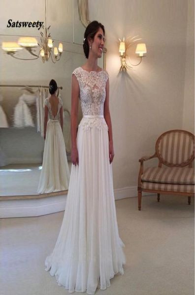 

lace wedding dresses beach bride dress a line backless cap sleeve chiffon vestidos de noiva52563488620711, White