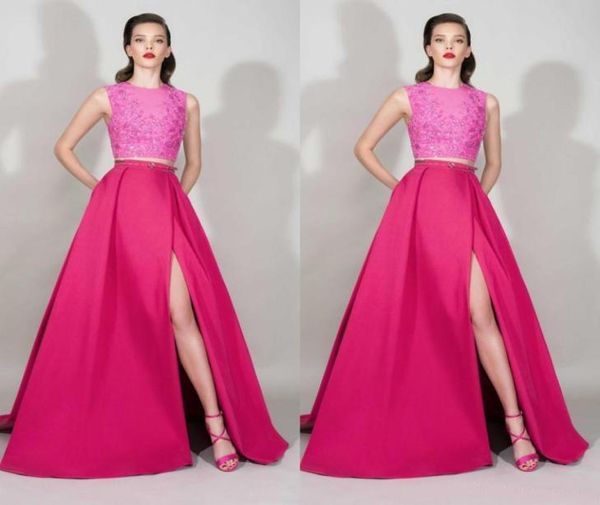 

zuhair murad 2016 fuchsia lace and satin two pieces evening dresses split side with sequin prom gowns custom made china en1219713590, Black;red
