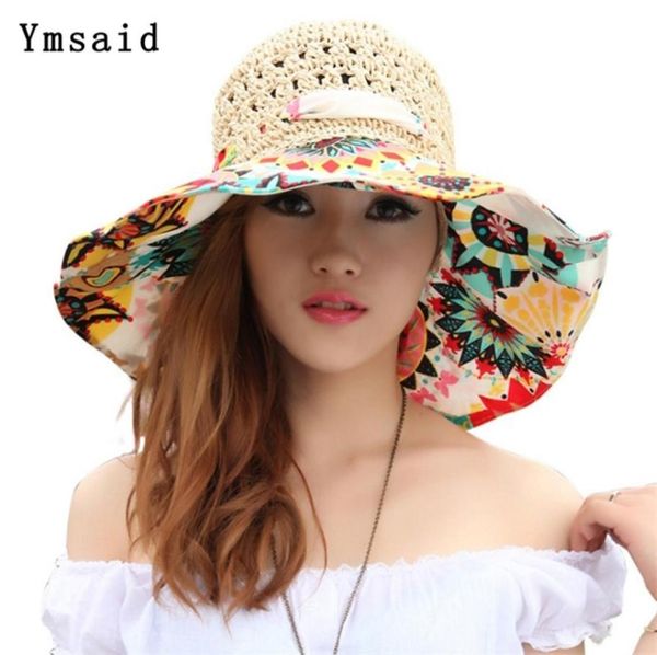

fashion sun hat for women holiday beach straw female hollow printed bow summer big brim fold uv protection floppy 2203184026859, Blue;gray