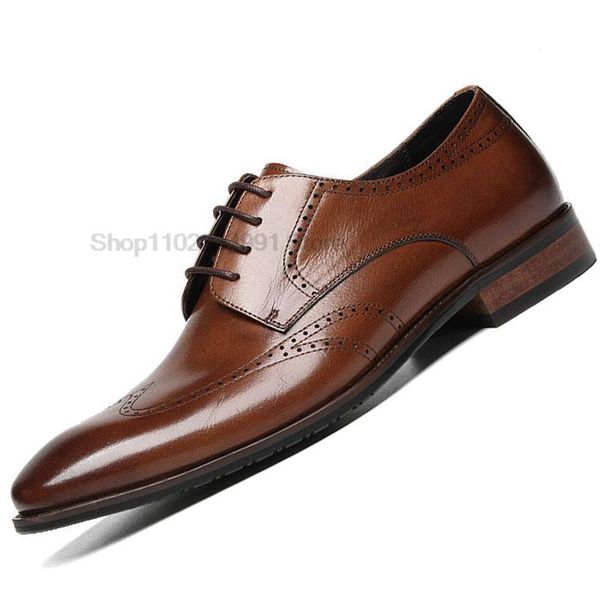 

classic business shoes men oxford derby genuine leather pointed toe fashion lace up office wedding formal shoe male, Black