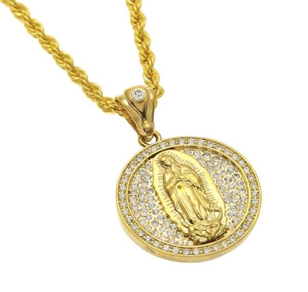 

men women virgin mary pendant hip hop jewelry iced out bling bling rhinestone crystal gold color pendant necklace chain2113973, Silver