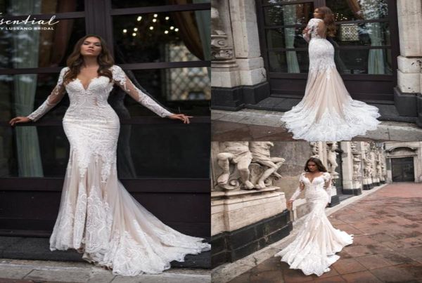 

2019 mermaid wedding dresses sheer jewel neck lace appliques sweep train long sleeve bridal gowns plus size modest country wedding7357191, White