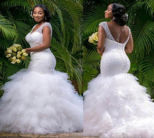 

vintage plus size mermaid wedding dresses beading sheer deep v neck backless corset ruffles tulle spring garden corset wedding bri9609539, White