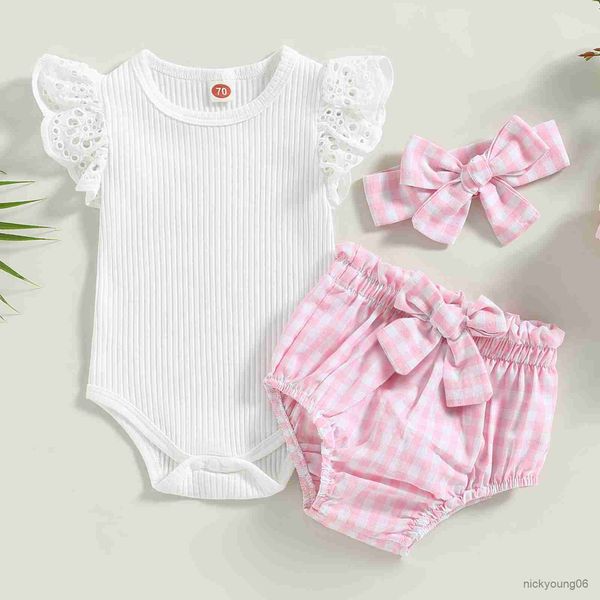 

clothing sets ma baby 0-24m infant newborn baby girl clothes knit ruffle romper plaid bow shorts outfits summer, White