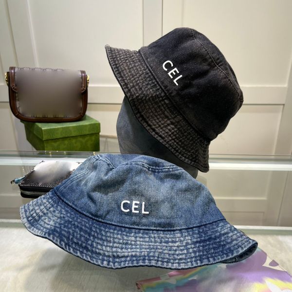 

summer denim material designer bucket hat couple style outdoor vacation travel shading letter embroidery wide brim hats, Blue;gray