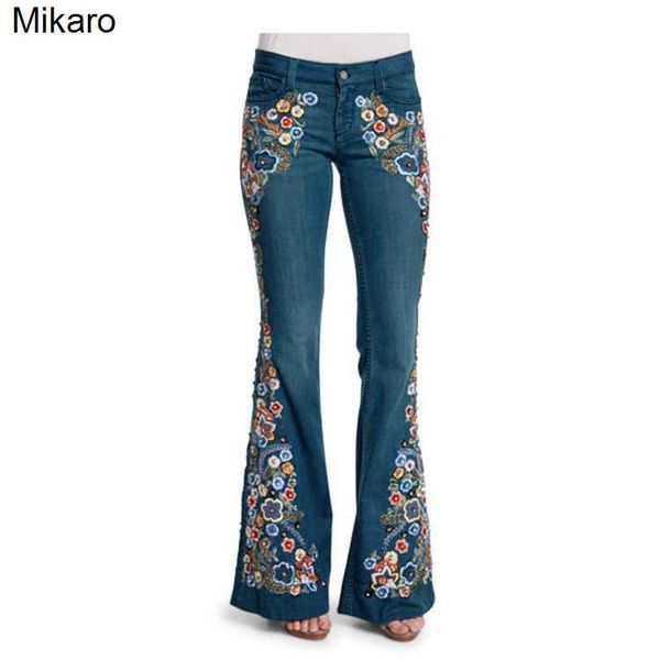 

mikaro ms. wind jeans embroiled slim washed bell pants women's pants women's denim, Blue