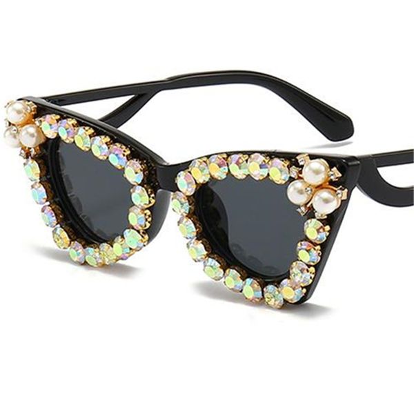 

personality women diamond studded sunglasses pearl adumbral anti-uv spectacles cat eye eyeglasses handmade ornamental, White;black