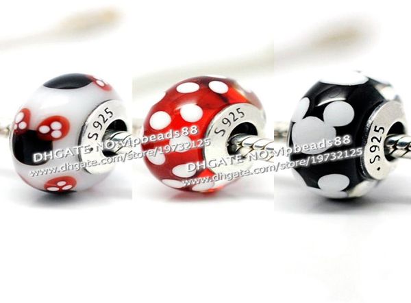 

new 3pcs s925 sterling silver black and white mkey charm murano glass beads fit european jewel pandora charm bracelets pendant1581426