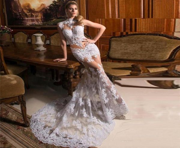 

2018 white mermaid evening dresses with lace applique high neck sleeveless tulle illusion formal evening gowns women wears at6941307, Black;red