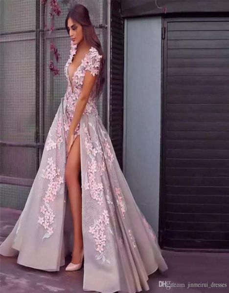 

romantic pink a line prom dresses plunging v neck short sleeves 3d flowers lace applique high side split evening party robe d5178407, Black