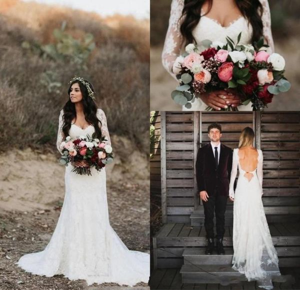 

lace backless sweep train 2019 a line wedding dresses v neck illusion long sleeve tulle tiered skirts bridal custom made wedd1886261, White