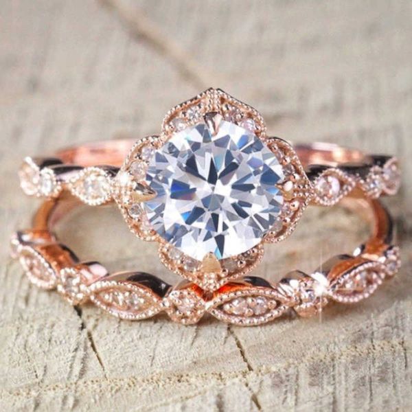 

band rings huitan rose gold color 2pcs set rings for women temperament elegant lady's accessories wedding anniversary party trendy jewe, Silver