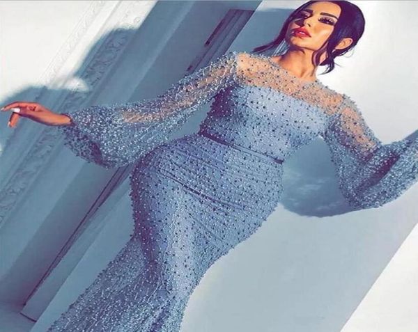 

2019 sky blue jewel neck beaded pearls evening dresses with sheer long sleeves see though prom dress dubai arabic formal party pag1357971, Black;red