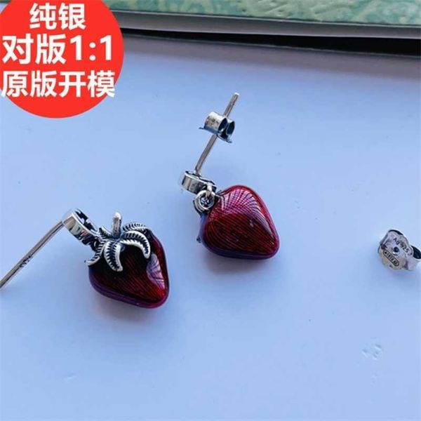 

designer jewelry bracelet necklace ring red enamel heart-shaped strawberry shaped 925 used three-dimensional women's earrings, Golden