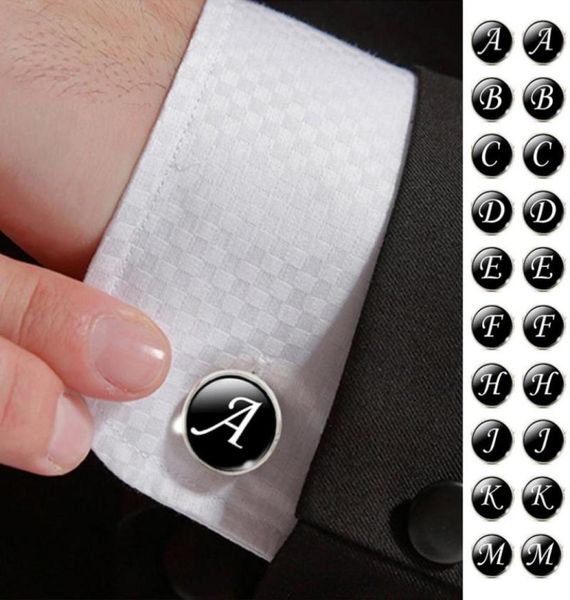 

1 pair business white on black letters men suits shirt cuff links silver plated glass cabochon wedding cuff accessories1854807