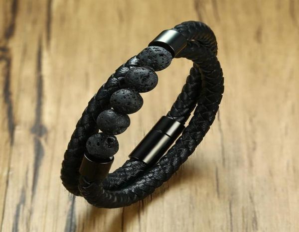 

black braided microfiber leather charm bracelet natural lava stone beaded bracelet men health magnet buckle jewelry74412427052307, Golden;silver