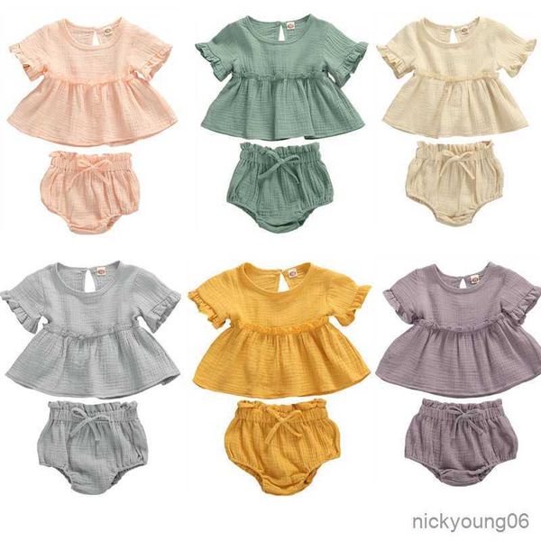 

clothing sets 0-24m newborn infant baby girls solid cotton linen clothes ruffles short sleeve dress shirtand shorts 2pcs, White