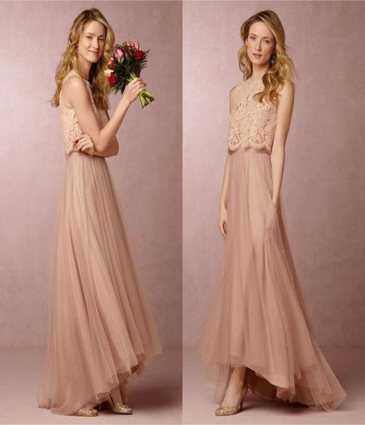 

2020 vintage blush pink two pieces bridesmaid dresses lace crop high low beach bridesmaid dresses wedding party gowns custom made1076326, White;pink