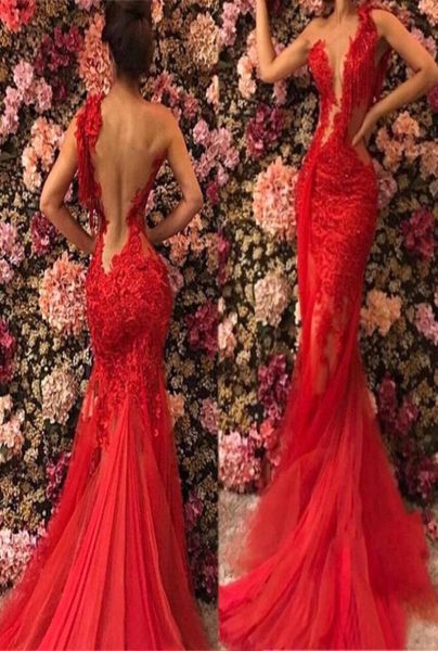 

2020 red sheer see through backless mermaid prom dresses plus size lace tulle custom made evening gowns formal wear one shoulder6488250, Black;red