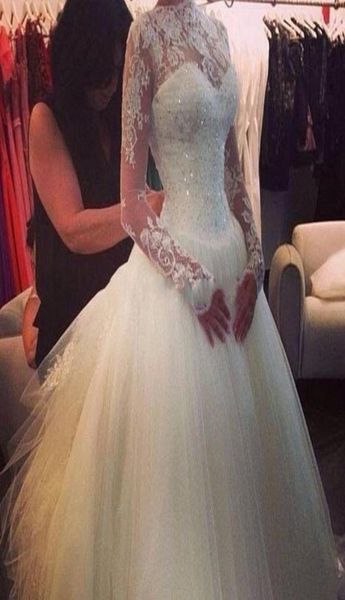 

oneck luxurious applique lace long sleeves wedding dress 2021 crystals soft tulle bridal gowns vestido vestidos de novia5170939, White