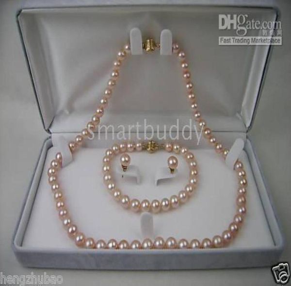 

fine natural 78mm akoya pink pearl necklace bracelet earrings set 14k1740475, Black