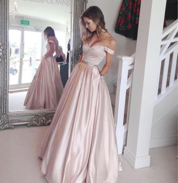 

soft pink long prom dresses with pockets off shoulder beaded sash zipper v backless satin formal party dress 2017 aline eve3433713, Black