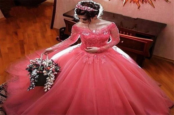 

coral pink long sleeve ball gown wedding dresses appliques lace off the shoulder tulle manga longa bridal gowns vestidos de novia9588676, White