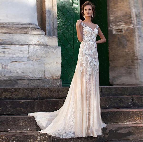 

lace dress illusion neckline appliques vintage bridal gowns robe de mariage sheath wedding dresses sheer back vestido, White