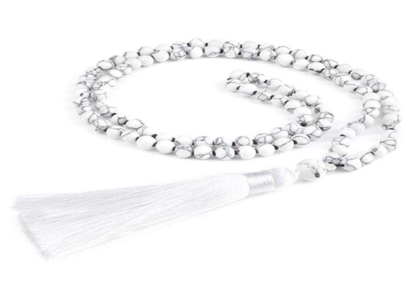 

pendant necklaces fashion white tassel long necklace 6mm 108 beaded natural stone black line turquoises handmade mala women men je2514510, Silver
