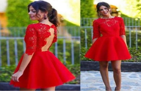 

stunning red lace cocktail dresses keyhole open back short party dress illusion crew neck mini prom gowns half sleeves brides7720116, Red;white