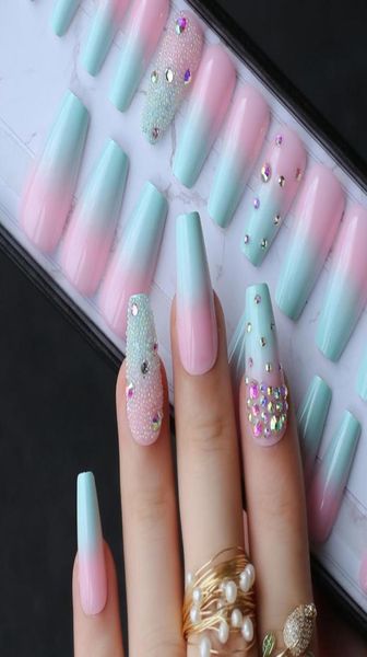

salon glossy ballet nails false nail medium crystal art design long pink blue ombre coffin french shiny fake nails summer lovely9504385, Red;gold