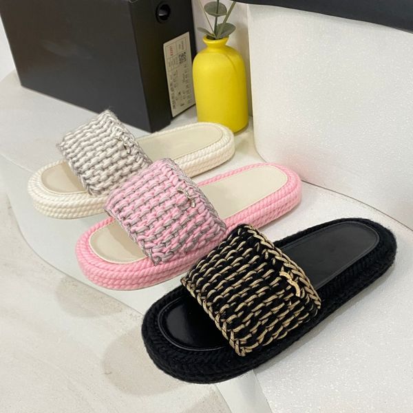 

2023 new designer slippers honey sandals woven slides women straw rope hemp rubber sandal luxury chain knit platform slippers ladies summer, Black