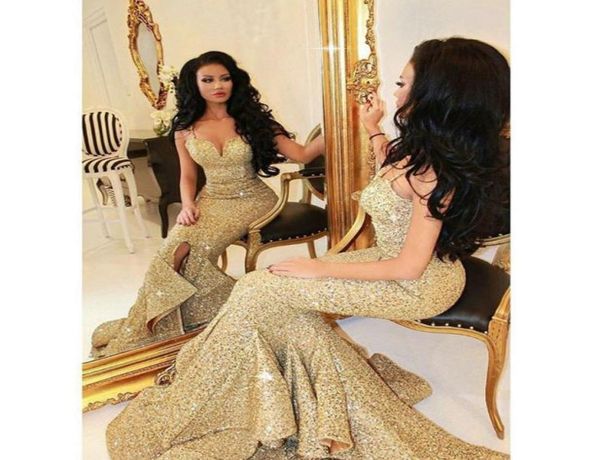 

custom golden sequined mermai mermaid split evening dresses 2021 spaghettis straps sweep train plus size prom gowns6492786, Black;red