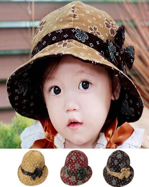 

spring autumn kids hats new style baby girls caps fair maiden temperament all cotton corduroy printing bowknot children hat 9pcsl6358341, Yellow