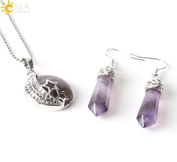 

csja bohemian natural gem stone jewelry sets moon stars pendant necklace hook dangle drop earrings opal amethyst summer beach jewe6319170, Silver