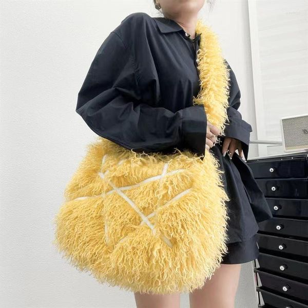 

bag faux natural fur-ever mongolian furry fur oversized tote bags for women handbags with long shoulder straps