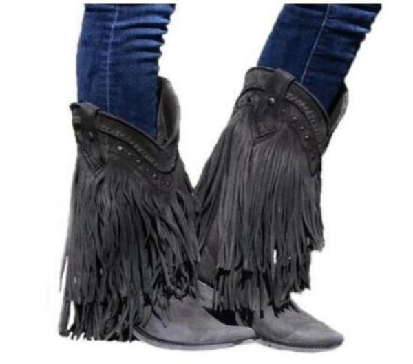 

bohemia style gladiator women midcalf low heel motorcycle boots fringed cowboy boots shoes spring autumn women tassels6545060, Black