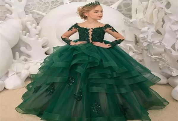 

gorgeous green flower girl dresses scoop neck appliqued beaded long sleeves girl pageant gowns ruffle tiered sweep train birthday 5150049, White;red
