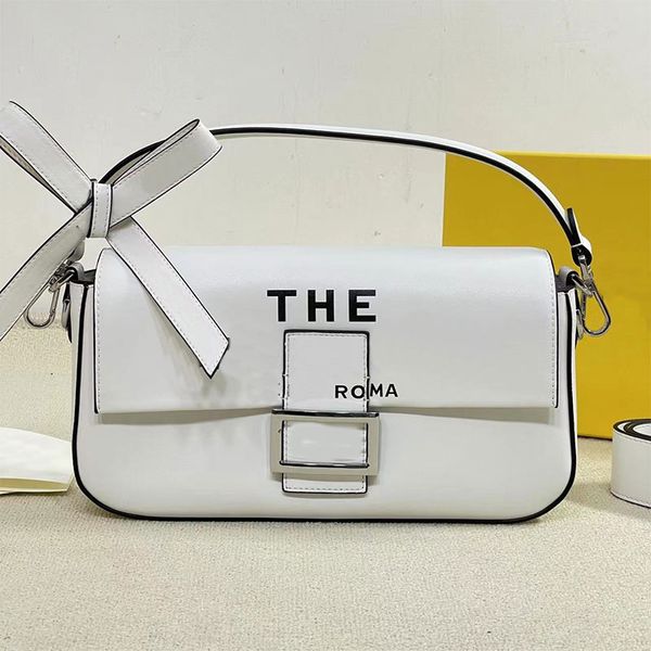 

flap shoulder bag fashion baguette crossbody bags genuine leather letter handbags women clutch purse bow decoration silver hardware removabl