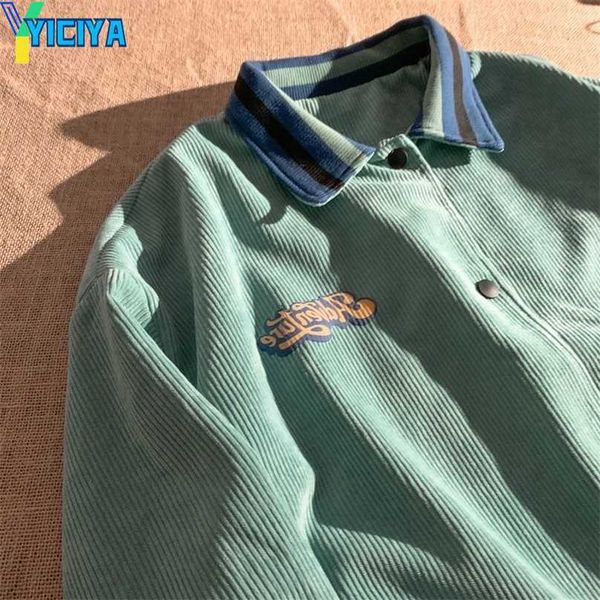 

yiciya trendy retro velvet core button casual loose oversized jacket men harajuku letter printing thickened polo collar women, Black;brown