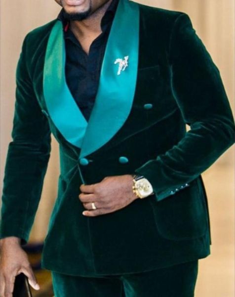 

new arrivals double breasted dark green velvet groom tuxedos shawl lapel groomsmen man blazer mens wedding suits jacketpant2673154, Black;gray
