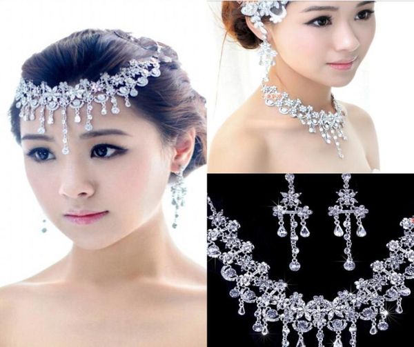 

headpieces earring necklace bridal crown romantic tow pieces crystals wedding bridal jewelry set dress hair3263602, Silver