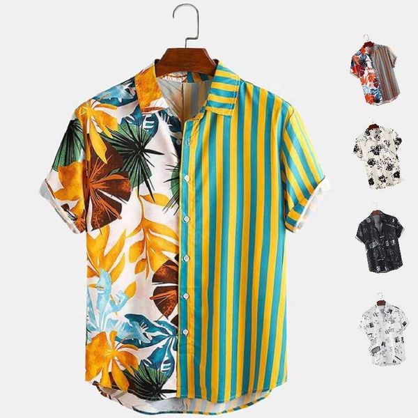 

summer resort men button up custom print shirts two tone striped patchwork aloha beach hawaiian shirt ylvy, White;black