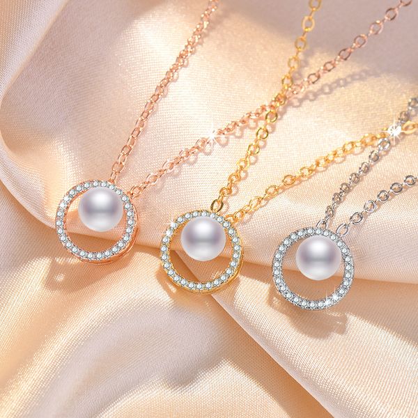

elegant women round circle pendant pearl necklaces pave aaa cubic zirconia women fashion necklace jewelry, Silver