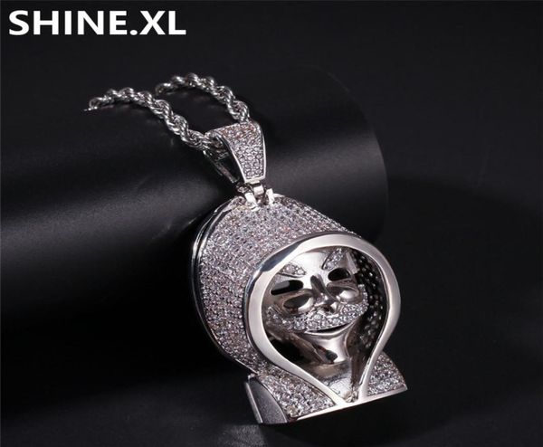 

iced out solid black death skull pendant necklace micro paved lab zircon white gold plated mens hip hop jewelry gift1996613, Silver