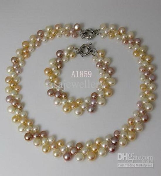 

pearl jewelry set natural color white pink purple 3rows fresh water pearl necklace bracelet a18593175958, Silver