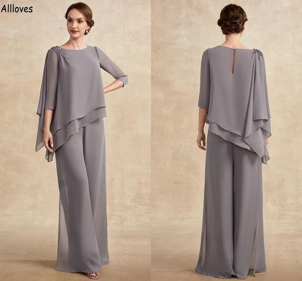 

grey chiffon chic mother's suits for wedding lace beaded long sleeves summer pants loose fashion formal occasion wear plus size mother, Black;red