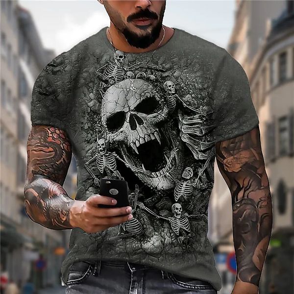 

men's t shirts death skull print shirt for men terror harajuku oversized short sleeve summer trend leisure o-neck tees vintage clothes, White;black
