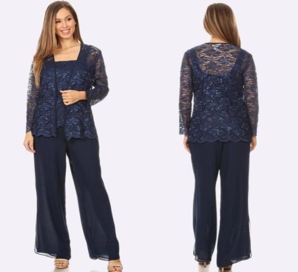 

navy blue lace mother of the bride pant suits three pieces sequined wedding guest dress chiffon plus size mothers groom dresses8066342, Black;red